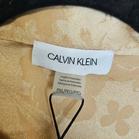 Calvin Klein NWT PXL Gold Floral Large Prints Tie Neck Bow Blouse. Career. Sexy - Picture 3 of 15